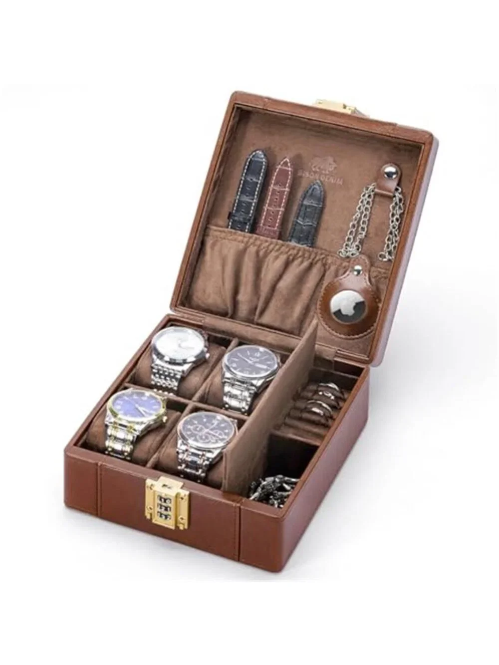 Watch Box, 4 Watch Travel Case with Combination Lock - PU Leather